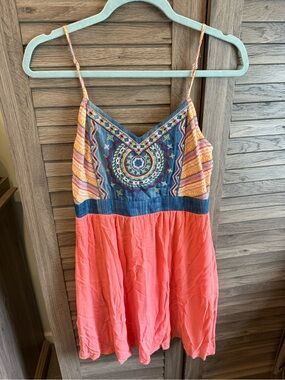 Flying Tomato Boho Embroidered Summer Dress - Coral & Denim Accents